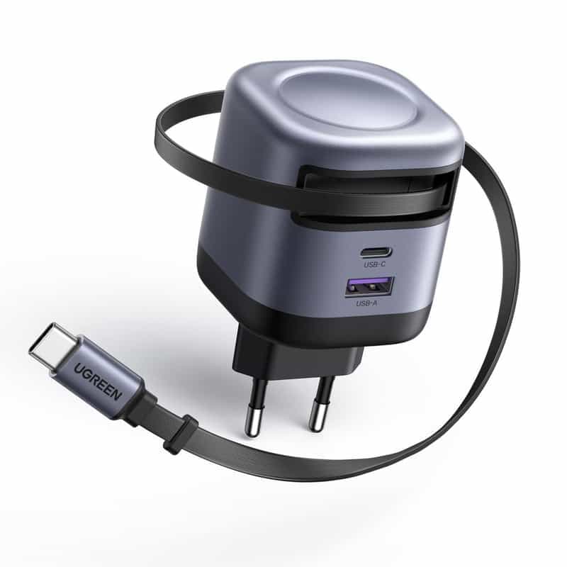 Chargeur USB-C Rapide UGREEN Nexode 45W avec Câble Rétractable et 2 Ports
