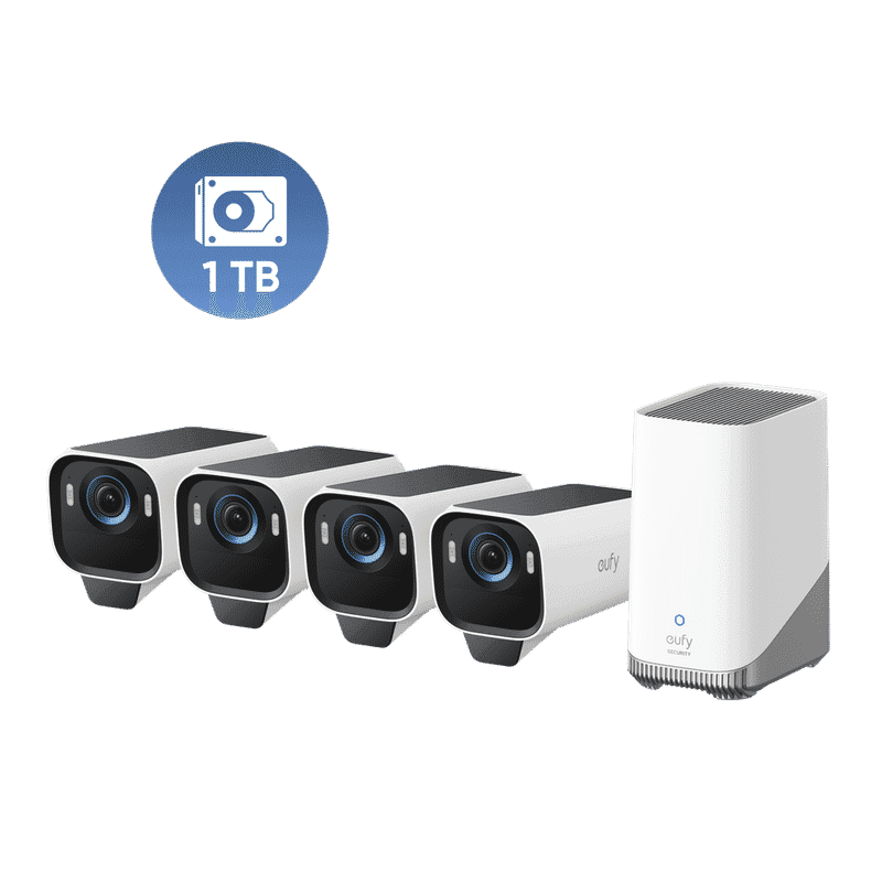 Ensemble de Surveillance eufyCam S3 Pro avec 4 Caméras + Homebase et Disque dur 1 To + Babyphone E110 Offert - Offre Spéciale!