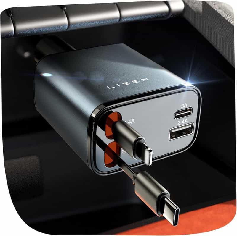 Code promo - Chargeur Voiture Lisen 4 en 1 Rétractable USB C 69W