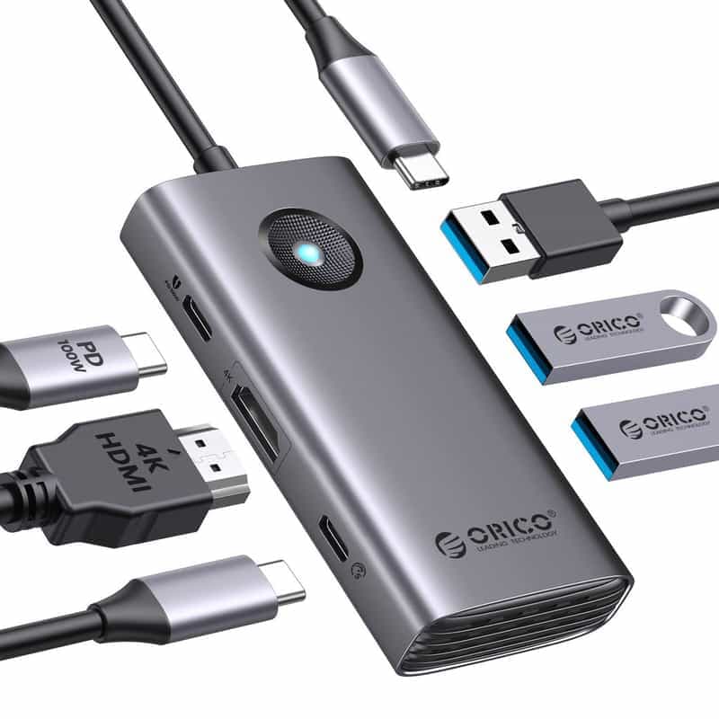 Code promo - Hub USB-C Orico 6-en-1 : HDMI 4K, 100W PD, 4 Ports USB 5Gbps