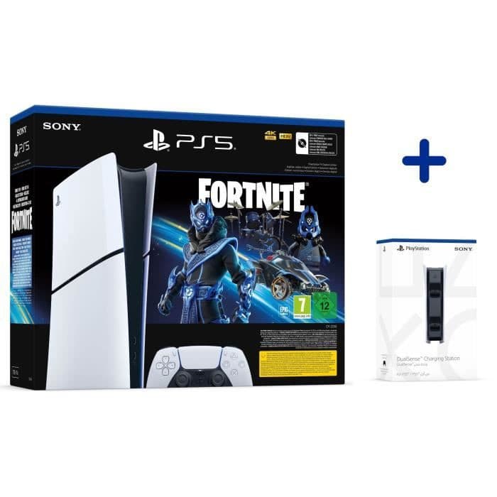 Pack PS5 Digital : PlayStation 5 Slim avec Fortnite Cobalt Star et Station de Rechargement DualSense