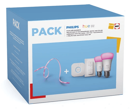 Ensemble Philips Hue : Pont, Lightstrip 3m, 2 ampoules et télécommande