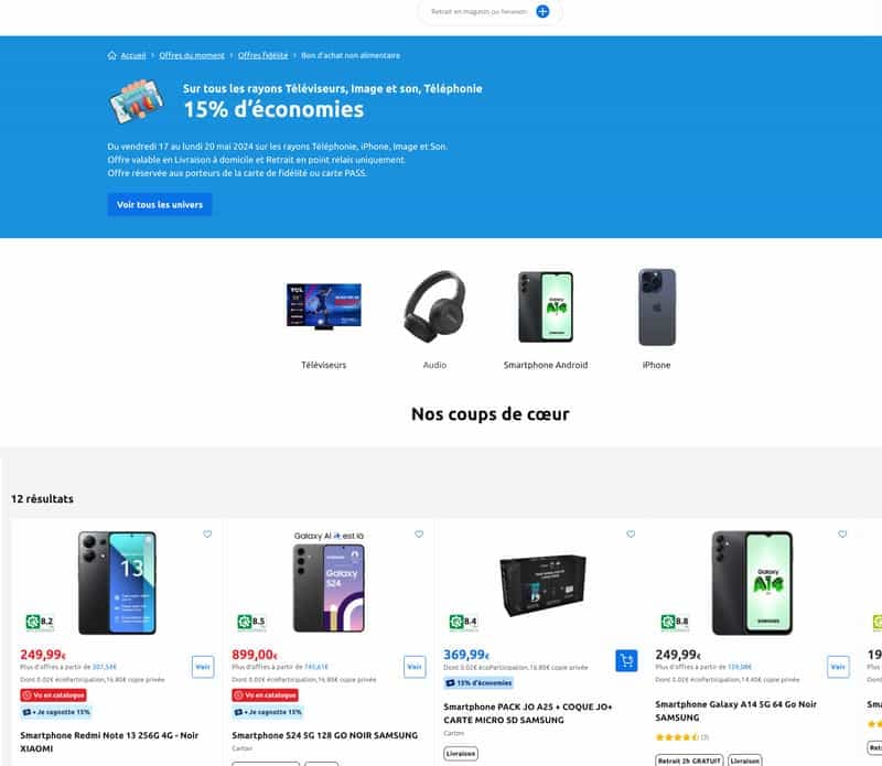 15% de remise fidélité sur les rayons Téléphonie, TV et Son (Valable uniquement en livraison à domicile ou point relais)