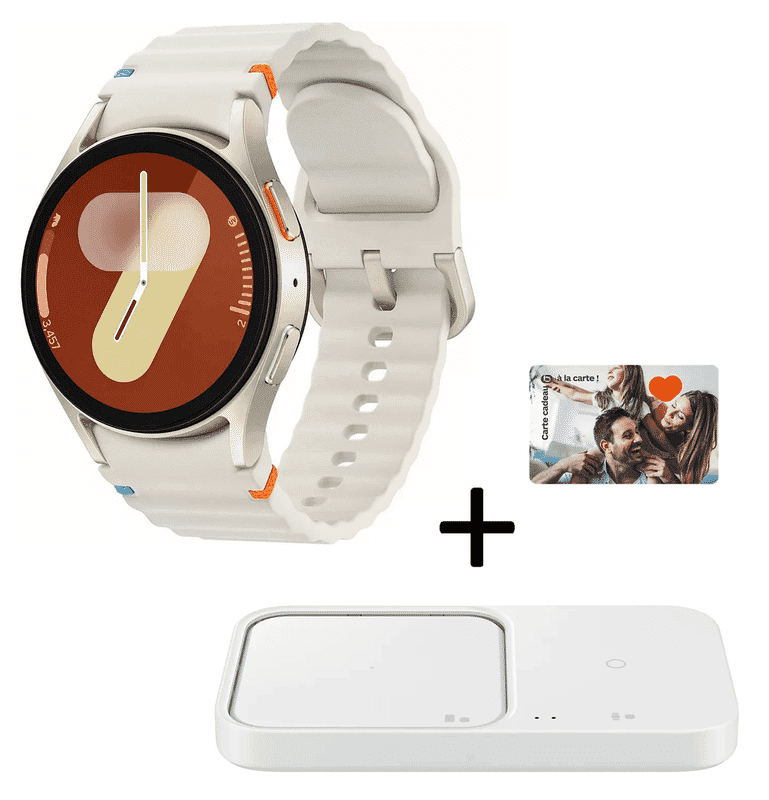 Montre intelligente Samsung Galaxy Watch 7 - 40mm (Couleur crème) avec Chargeur sans fil Samsung Pad Duo (+ Carte cadeau Boulanger de 30€) - Remise de 50€ par offre de remboursement (ODR)