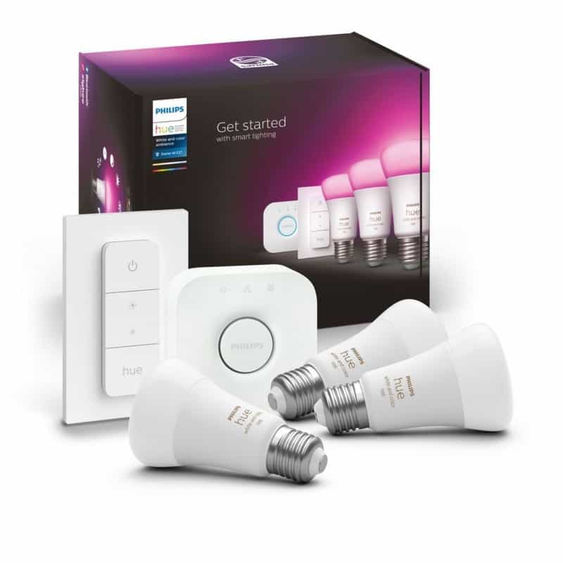 Code promo - Kit de démarrage Philips Hue : 3 Ampoules connectées E27 White and color + Pont de connexion + Télécommande Variateur (Vendeur Darty)