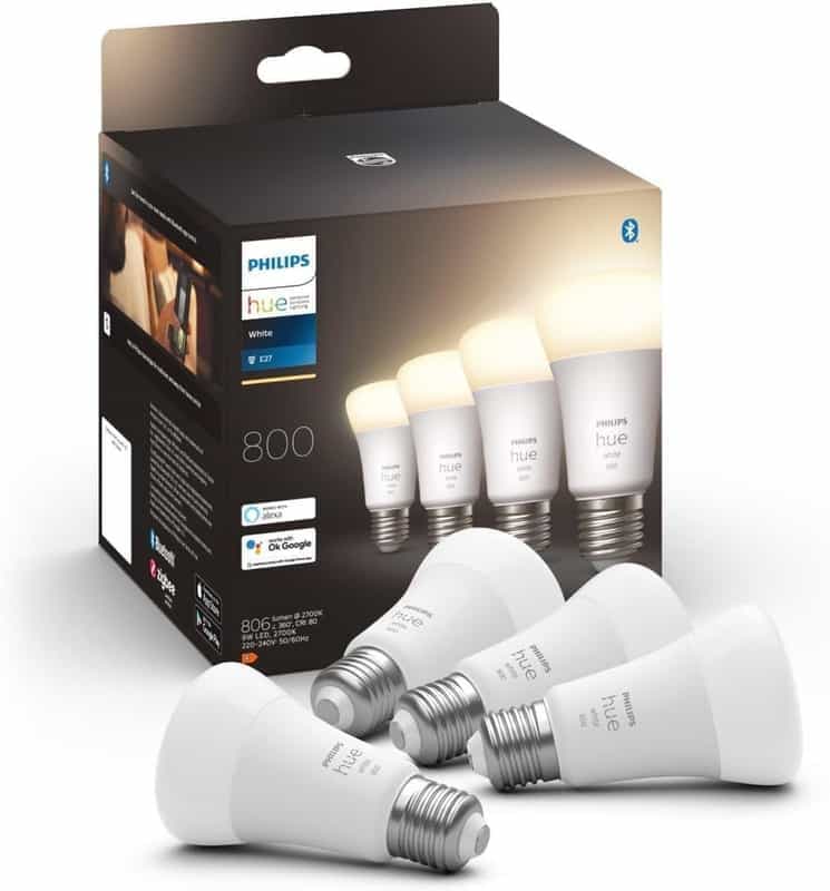 Pack de 4 ampoules connectées Philips Hue White - E27, 800 lumens, compatibles Bluetooth