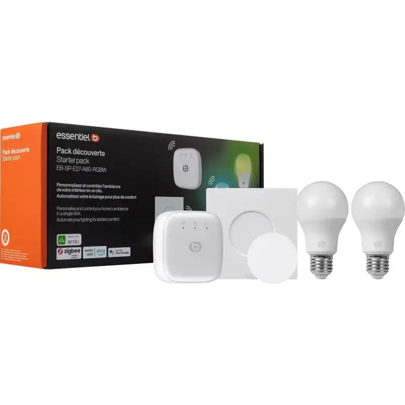 Pack d'éclairage connecté EssentielB - Inclut 2 ampoules white & colors, Pont, Interrupteur - Compatible avec Google Home