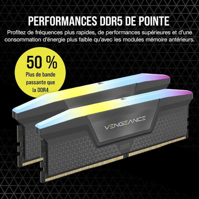 Module Mémoire Corsair Vengeance RGB DDR5 32 Go (2x16 Go) 6000 MHz pour AMD - Gris