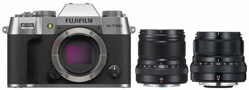 Ensemble Fujifilm X-T50 : Appareil photo + Objectif XF 50mm f/2.0 R WR + Objectif XF 23mm 2.0 R WR + Batterie supplémentaire