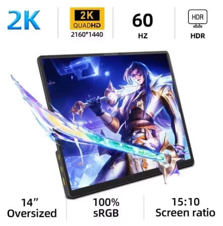Écran portable 2K 14 pouces avec résolution 2560x1440 et haut-parleurs intégrés
