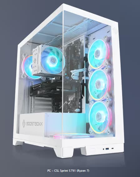 PC Fixe Blanc Éclatant CSL Sprint 5791 - Ryzen 7 7700, RTX 4070 Super Ghost, RAM 32 Go DDR5 6000MHz, SSD 1 To, BoostBoxx 700W 80+ Gold, Sans OS