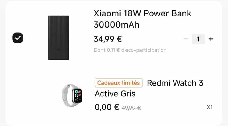 Ensemble Xiaomi: Batterie externe 18W 30000mAh + Montre connectée Redmi Watch 3 offerte (valeur de 49.99€)